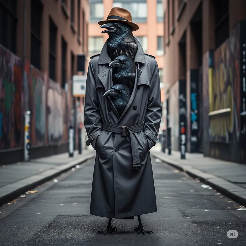 Three crows stacked inside a grey trenchcoat, the top one wearing a fedora, standing in a city alley